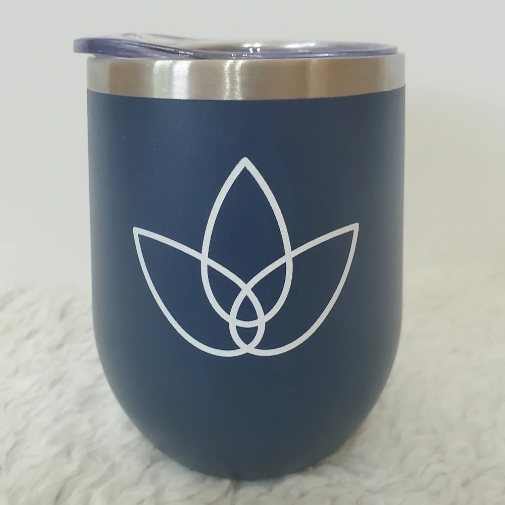 Navy Blue Silver Stainless Steel Stemless Wine Tumbler 12 Oz